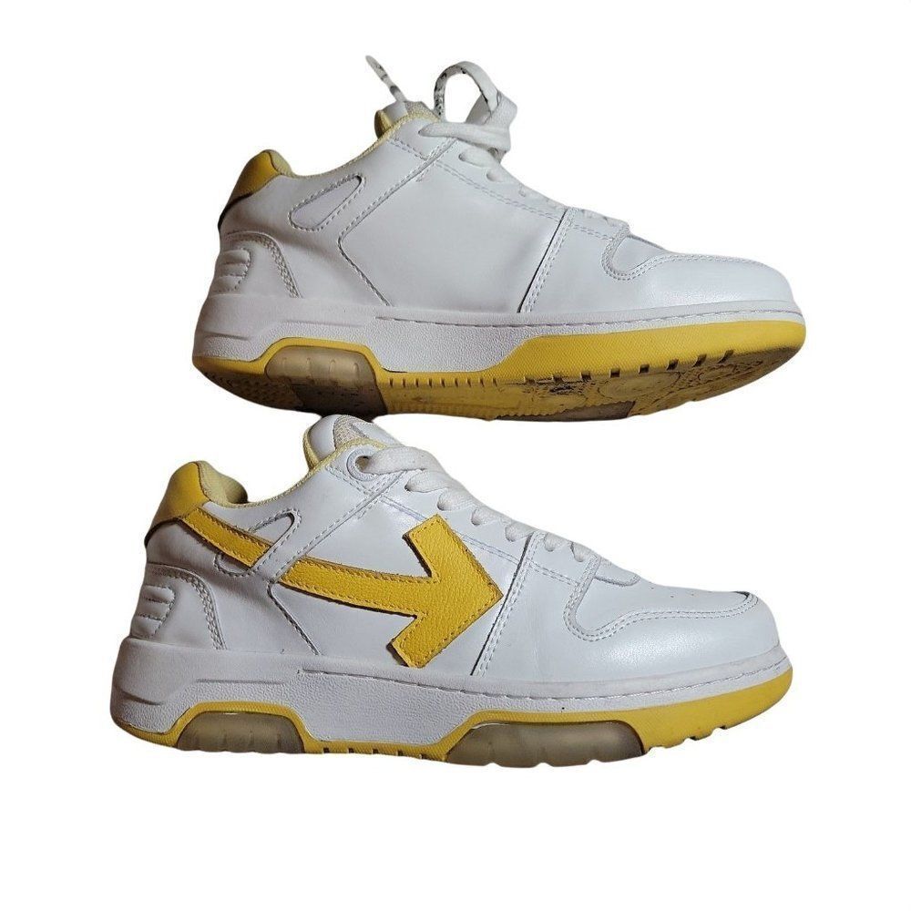 Off White Womens Out Of Office White Yellow Leather Lace Up Sneaker Shoes Sz 4.5